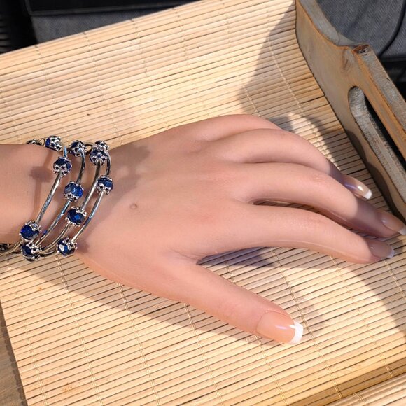 Silver Tone Crystal Wrap Bracelet With Blue Faceted Beads & Filigree Details - Picture 6 of 7